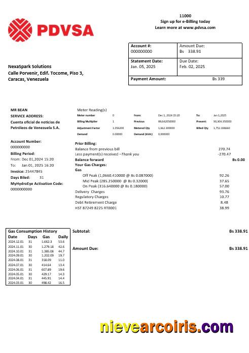 Venezuela PDVSA Gas business utility bill